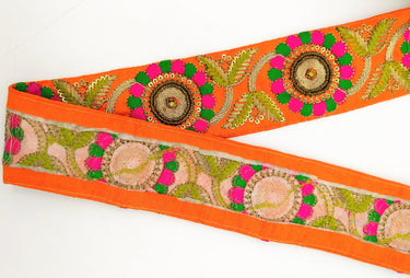 Orange Art Silk Lace Trim, Floral Embroidery in Green and Fuchsia, Hand Embroidered Border with Antique Gold beads and Gold Sequins